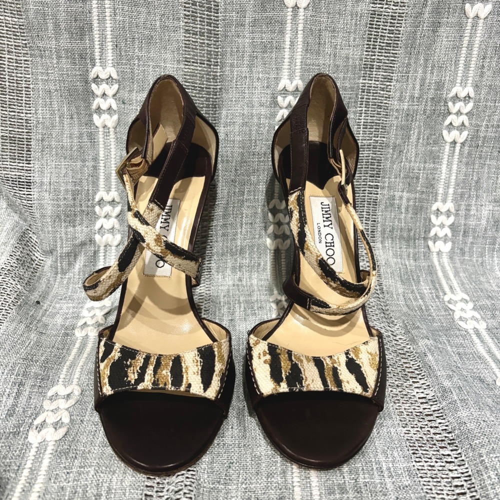 Jimmy Choo London Made in Italy Leather & Leopard Canvas Peep Toe Heels Size 38